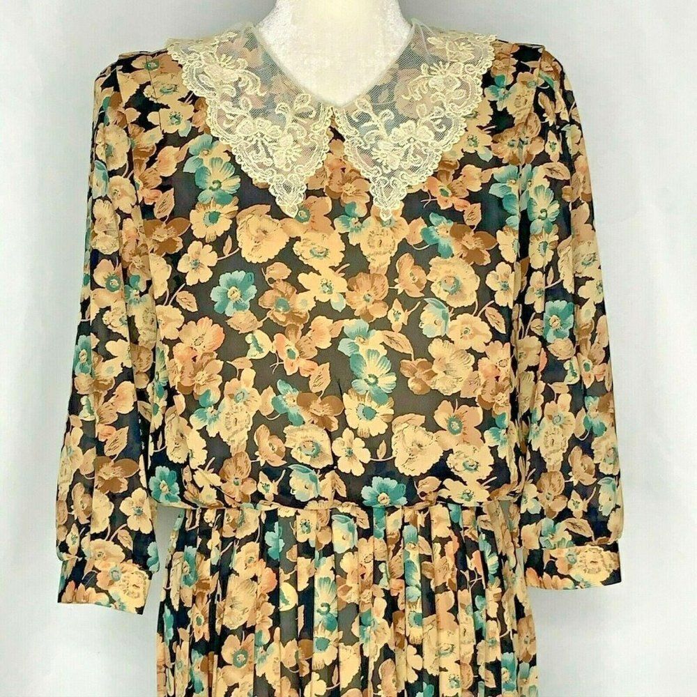 Vintage 80s Pleated Floral Church Modest Dress 10 Black Lace Collar